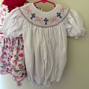 Smocked Baby Bubble Romper with Cross and Bow Embroidery - White & Pink